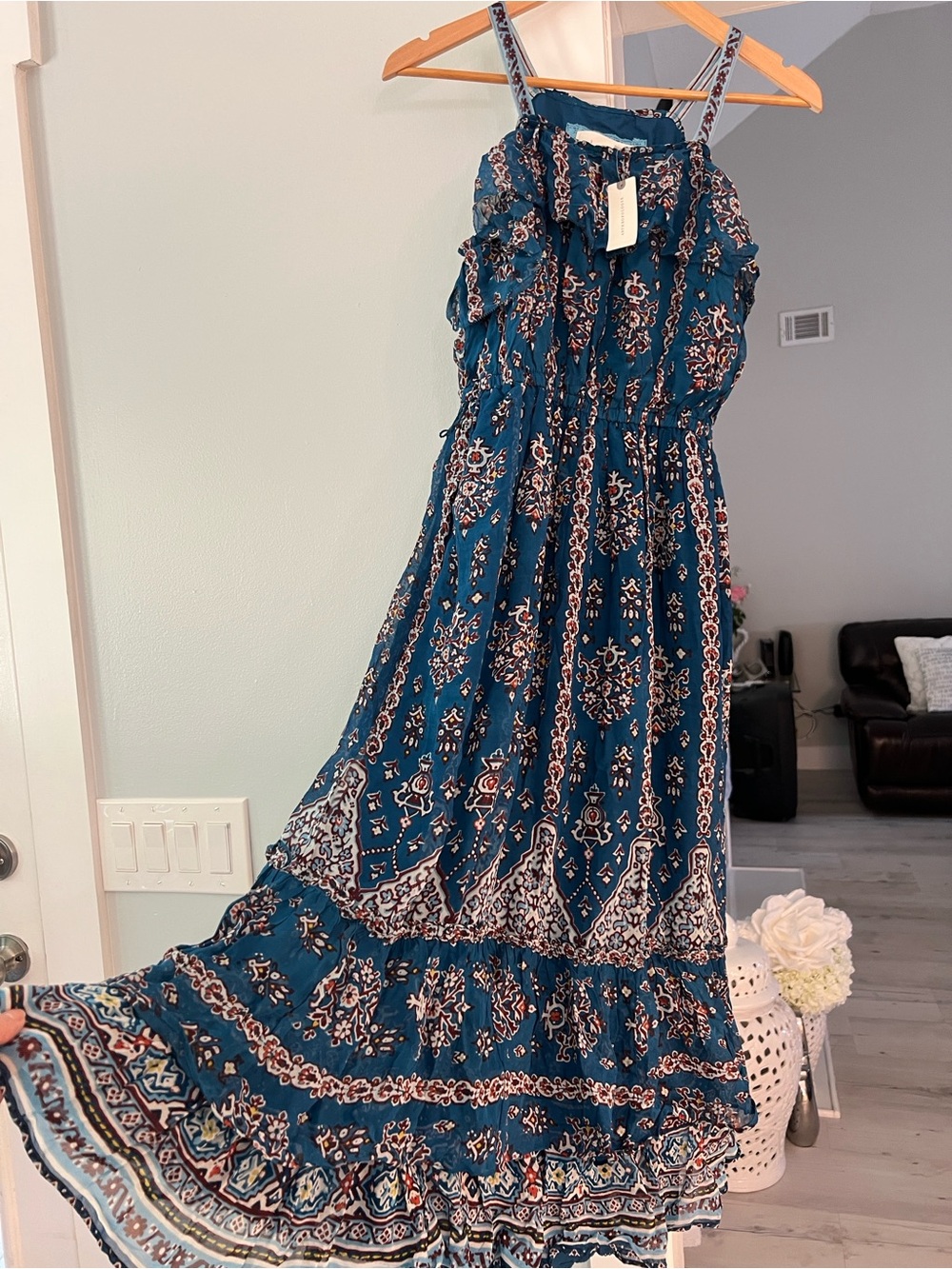 Anthropologie Ruffled Blue Floral Printed Dress Bohemian Style Women’s size S